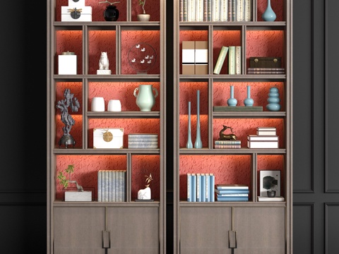  新中式实木书柜中式书籍饰品组合3d模型 