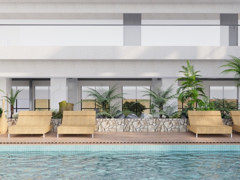  现代户外露台泳池 酒店 庭院 会所泳池 海岛景观绿植 躺椅躺3d模型 