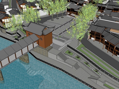  水乡古镇街道桥su模型 