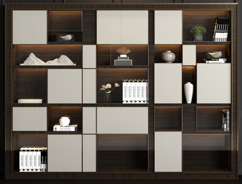  现代实木皮革书柜书籍饰品组合3d模型 