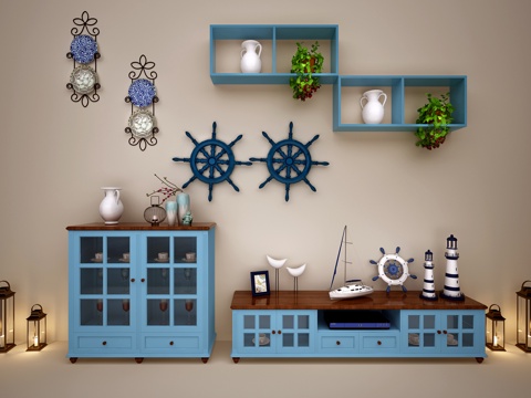  美式田园电视柜 装饰品 边柜 矮柜3d模型 