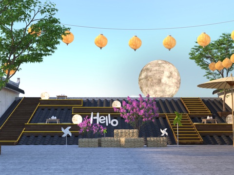  屋顶花园   灯笼   上房揭瓦  瓦片  植物3d模型 