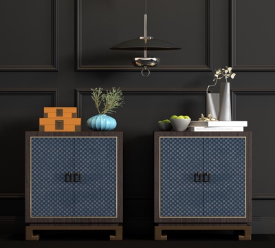  新中式实木床头柜吊灯饰品组合3d模型 