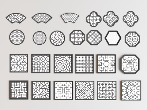  中式仿古窗 漏花窗 花格 雕花图案 花格窗3d模型 