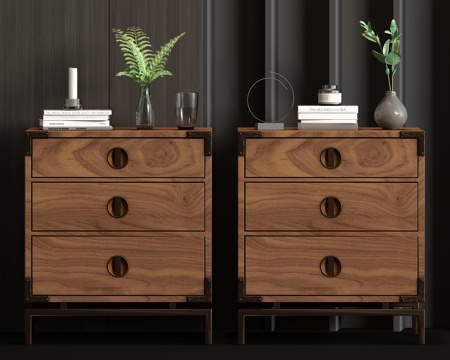  新中式金属实木床头柜饰品组合3d模型 