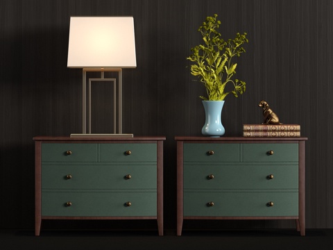  新中式实木皮革床头柜台灯饰品组合3d模型 