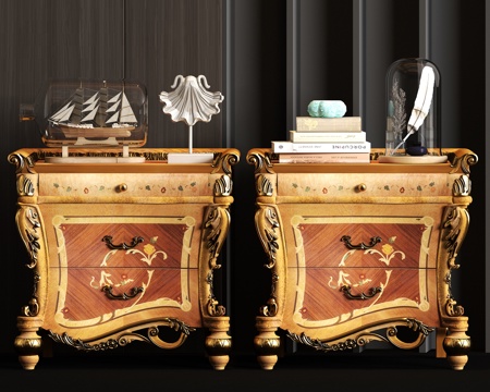  欧式古典金属床头柜饰品组合3d模型 