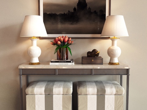  现代装饰柜 玄关柜装饰品台灯画凳子组合3d模型 