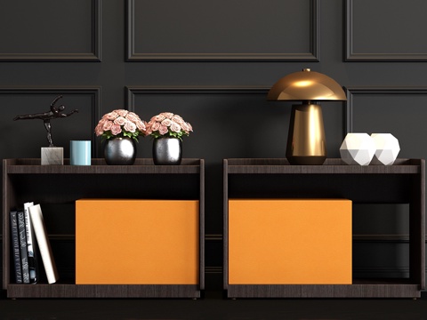  新中式实木皮革床头柜台灯饰品组合3d模型 