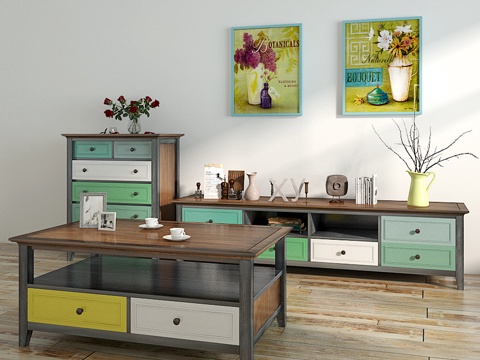  电视柜茶几组合 地中海柜子 地中海边柜 地中海茶几 复古3d模型 