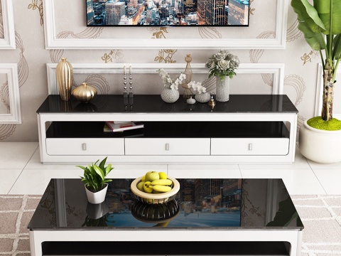  现代电视柜 茶几 绿植 电视饰品模型3d模型 