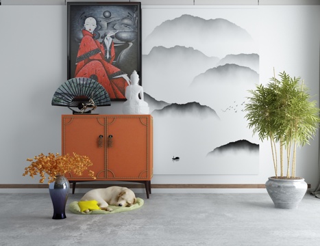  新中式端景柜组合3d模型 