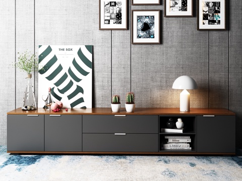  现代黑色套色电视柜 挂画 饰品摆件3d模型 