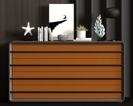  新中式实木皮革端景柜饰品组合3d模型 