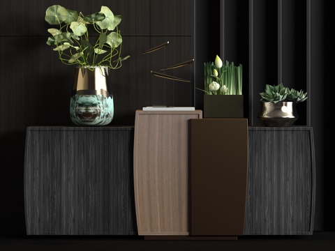  新中式实木端景柜饰品组合3d模型 