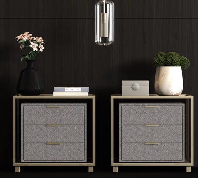  新中式金属皮革床头柜吊灯饰品组合3d模型 