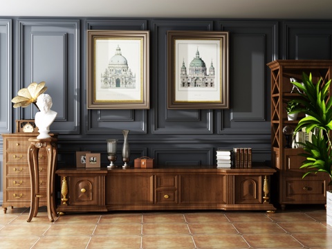  美式电视柜书柜组合 电视柜 挂画 收纳柜3d模型 