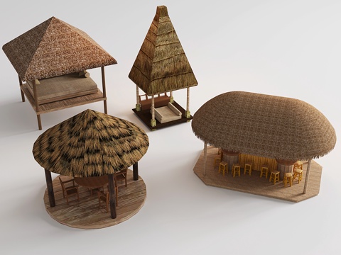  现代亭子 休闲凉亭 茅草亭 农村凉亭 观景亭su模型 