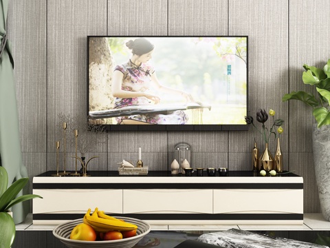  现代电视柜 茶几 饰品摆件 电视 窗帘地毯模型3d模型 