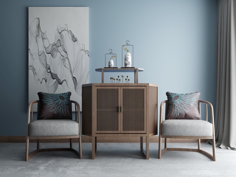  新中式沙发茶几玄关柜组合3d模型 