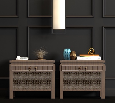  新中式实木床头柜吊灯饰品组合3d模型 