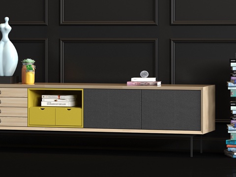  现代实木皮革电视柜书箱饰品组合3d模型 