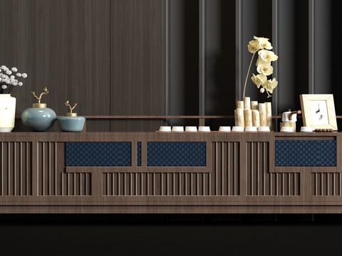  新中式实木端景柜饰品组合3d模型 