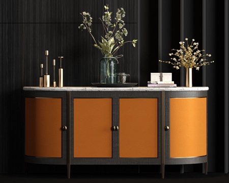  新中式实木皮革端景柜饰品组合3d模型 