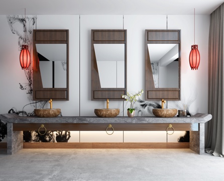  新中式浴室柜 台盆柜组合3d模型 