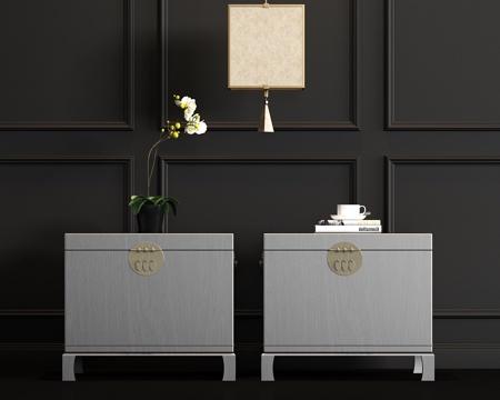  新中式实木床头柜吊灯饰品组合3d模型 