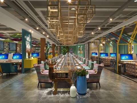  工业风网咖 电脑 电脑桌椅 吊灯3d模型 