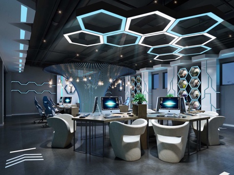  工业风网吧公共区 网吧桌椅 电脑3d模型 