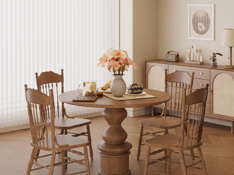  中古风餐厅 餐桌椅 边柜3d模型 