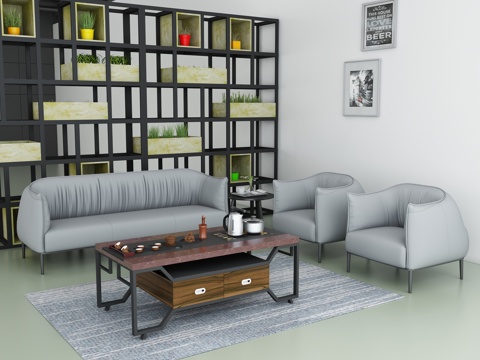  现代办公空间 休息区休闲沙发 功夫茶几 铁艺茶几3d模型 