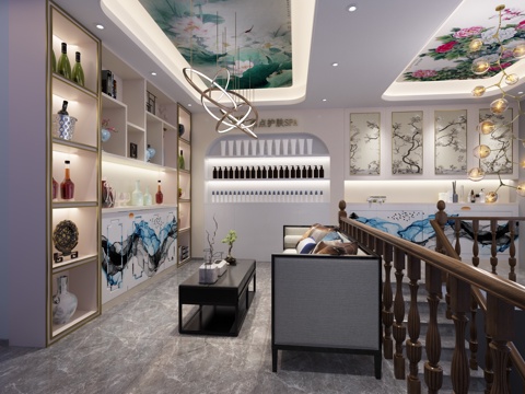  新中式美容店 美容美发 SPA 按摩店 接待室 包间 足浴店3d模型 