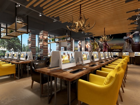  工业风网咖 电脑桌椅 背景墙 吊灯 物件摆件3d模型 