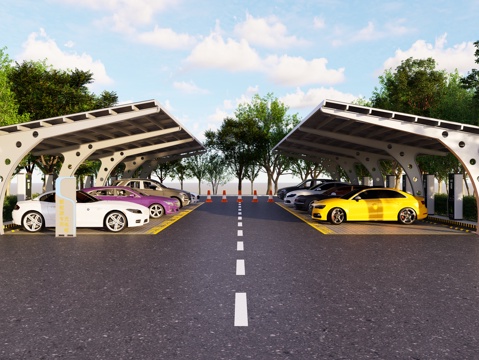  现代电动汽车充电桩 充电站 充电棚 户外停车场 新能源充电站su模型 