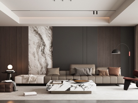  现代意式家居客厅 轻奢意式客厅 高级灰客厅 沙发茶几组合3d模型 