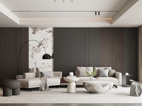  现代意式家居客厅 轻奢意式客厅 高级灰客厅 沙发茶几组合3d模型 