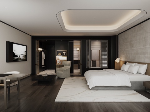  现代意式酒店客房 轻奢风酒店客房 海派风客房 酒店总统套房su模型 