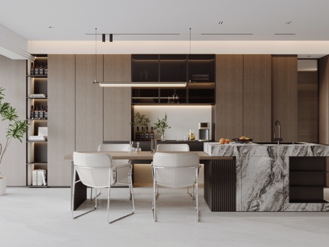  现代意式岛台餐厅 轻奢意式餐厅 开放式餐厅 岛台餐桌椅3d模型 