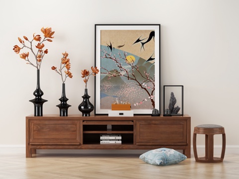  新中式电视柜饰品挂画组合3d模型 