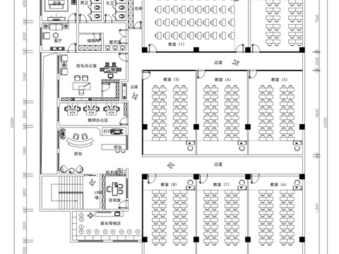  现代极简培训学校平面方案图cad施工图 