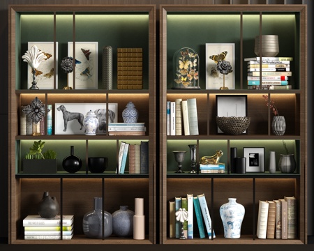  现代实木装饰书柜 书籍 饰品3d模型 