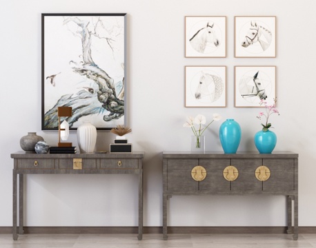  新中式玄关柜 摆件 挂画 花瓶3d模型 