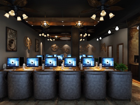  工业风网咖网吧 铁丝网 卡座3d模型 