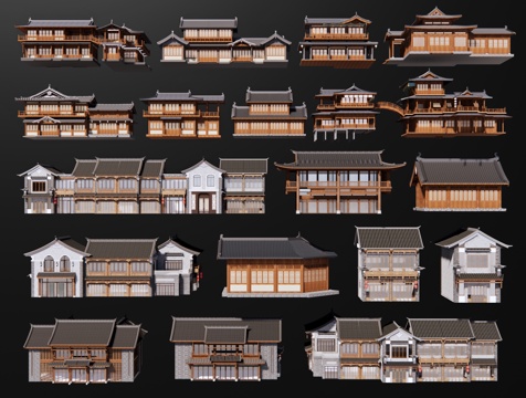  中式古建筑 古镇建筑 商业沿街建筑 仿古建筑 古代民房su模型 