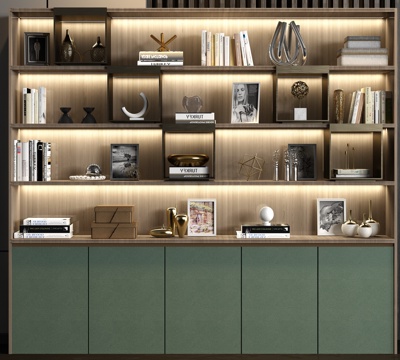  新中式实木皮革装饰书柜书籍饰品组合3d模型 