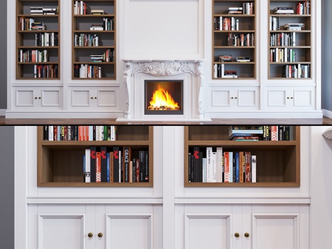  欧式古典欧式书柜书架书本壁炉3d模型 