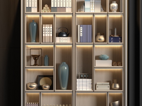  新中式实木书柜书籍饰品组合3d模型 